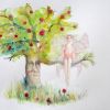 Jablůňka, 30 x 40 cm, kolorovaná kresba / akvarel+akvarelová pastelka